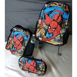 Marvel Spider-Man 3-Piece Backpack School Bag with Lunch Box & Pencil Case NWT..